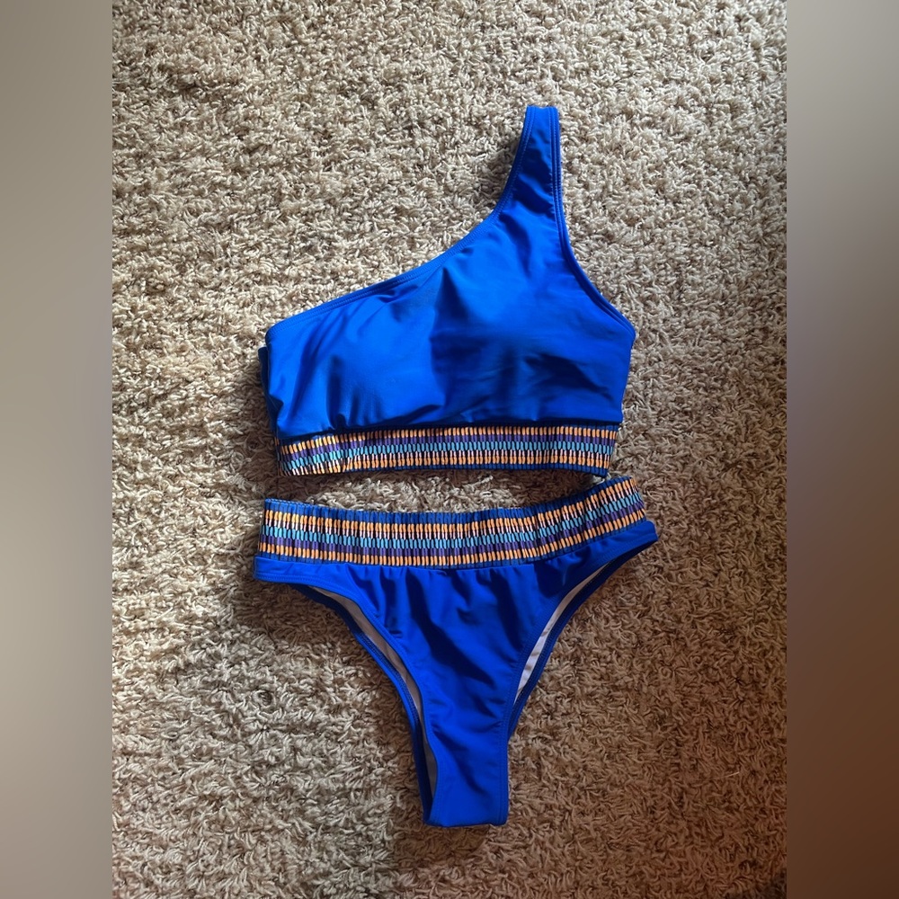 Shein Royal Blue Tribal Pattern Two Piece Swim Suit